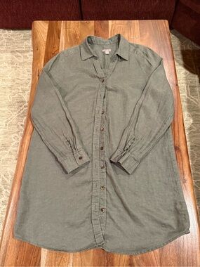 J. Jill Long Olive Button-Front 100% Linen Top Size M